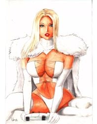 2023 blonde_female blonde_hair blue_eyes breasts curvy curvy_figure ed_benes_studio emma_frost hellfire_club large_breasts marvel marvel_comics panties tan_body traditional_media_(artwork) uzumaki_israel white_queen x-men