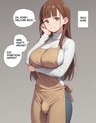 1futa ai_generated apron brown_eyes brown_hair brunette brunette_futa bulge bulge_through_clothing clothed clothed_futanari covered_breasts covered_penis futa_only futanari large_breasted_futa large_breasts long_hair looking_at_viewer realistic_breast_size realistic_penis_size smile solo_focus supergetthi turtleneck