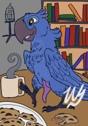 20th_century_fox 20th_century_studios animal_genitalia animal_penis avian beak bird birdcage blu_(rio) blue_body blue_feathers blue_sky_studios book bookshelf brown_eyes casual_exposure claws container cookie crumbs cup digital_drawing_(artwork) digital_media_(artwork) feathers feet feral food furniture genitals hi_res holding_container holding_cup holding_mug holding_object knot macaw male mug neotropical_parrot open_mouth parrot penis plate rio_(series) signature smile solo spix's_macaw table tail tail_feathers talons tapering_penis toes true_parrot wings wyrmling_(artist)