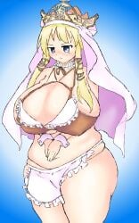 alternate_costume belly blonde_hair blue_background blue_eyes blush crown elicia_(luminous_arc_2) fat_rolls female gradient_background hayase_chachacha huge_breasts luminous_arc_2 maid_bikini navel plump sidelocks solo standing thick_thighs veil