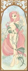 anthro art_nouveau barefoot border breasts censored_nudity equid equine feet female floral fluttershy_(mlp) friendship_is_magic genitals green_eyes hair hasbro hi_res horse horse_ears long_hair mammal my_little_pony mythological_creature mythological_equine mythology nude pegasus pony pussy shaded soft_shading solo standing tasteful_nudity wild_strokes wings