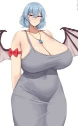 1girls aged_up big_breasts blue_hair breasts cleavage clothed_female dongtan_dress grey_dress huge_breasts light-skinned_female mature_female milf necklace omikami pointy_ears red_eyes remilia_scarlet smile solo solo_female touhou vampire vampire_girl white_background wings