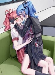 2girls absurdres after_kiss ahoge black_bow black_shirt black_shorts blue_eyes blue_hair blush bow couch earpiece green_eyes hair_ornament hairbow hand_on_another's_face hand_on_another's_waist heavy_breathing highres hololive hoshimachi_suisei hoshimachi_suisei_(shout_in_crisis) multiple_girls official_alternate_costume on_couch pink_hair pink_skirt ponytail pussy_juice red_bow sakura_miko sakura_miko_(school_uniform) saliva saliva_trail school_uniform serafuku shirt shorts sitting sitting_on_lap sitting_on_person skirt sweat virtual_youtuber white_serafuku yaki_cheese yuri