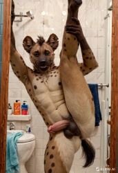 2024 ai_generated animated anthro anus ass balls bathroom carnivalecloudmuncher furry hyaenid hyena hyperrealistic laughing looking_at_viewer male male_only mammal nude penis perineum photorealism photorealistic realism realistic self_upload solo solo_male standing standing_on_one_leg standing_split tagme tail video