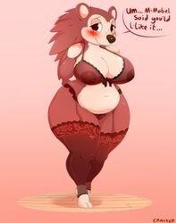 2018 3_toes animal_crossing anthro belly biped blush breasts cracker_(artist) deep_navel english_text feet female freckles furry half-closed_eyes hedgehog large_breasts lingerie looking_at_viewer mammal navel nintendo overweight overweight_female pussy sable_able see-through shy slightly_chubby smile standing text thick_thighs thighhighs toes translucent voluptuous wide_hips