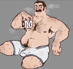 armpit_hair bara blush body_hair boner bulge chest_hair erection erection_under_clothes facial_hair lakingmoxxie male male_only moustache mr._birchum mug musk richard_birchum shirtless sitting solo solo_male sweat sweating underwear underwear_only