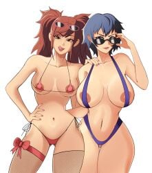 2girls aidancore alternate_costume alternate_version_available areola_slip areolae atlus big_breasts bikini bikini_bottom bikini_top bimbo black_eyes blue_bikini blue_hair bottomwear breasts brown_eyes brown_hair cleavage female female_only fishnet fishnet_legwear fishnets gyaru hair hand_on_hip hand_on_shoulder headwear hips hoop_earrings kujikawa_rise legwear lips micro_bikini nail_polish nails persona persona_4 pink_nail_polish pink_nails red_bikini ribbon shirogane_naoto short_hair skimpy skimpy_bikini slingshot_swimsuit sunglasses sunglasses_on_head swimwear thighs tomboy tongue tongue_out topwear twintails