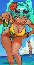 1boy 1girls armpits ass beach big_ass big_thighs bikini brazil brazilian brazilian_female brazilian_miku breasts caramel-skinned_female chespirito cyan_eyes cyan_hair don_ramon el_chavo_(series) el_chavo_del_ocho exhibitionism female female_focus glasses hair_ornament hatsune_miku highres huge_ass huge_breasts huge_thighs large_breasts latin_american_hatsune_miku_(meme) light-skinned_male light_skin long_hair long_legs looking_at_viewer male panties pov ribosoma_42 shirt shorts sunglasses sunglasses_on_head tagme tan tan_body tan_skin thick_hips thick_thighs twintails vocaloid water yellow_shirt