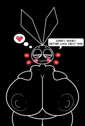 :3 anthro bedroom_eyes blush breasts_bigger_than_head dialogue edit english_text female heart hi_res huge_breasts large_breasts looking_at_viewer monochrome nitemarebnuuy plump rabbit smile solo sony_corporation sony_interactive_entertainment speech_bubble text text_edit vib-ribbon vibri