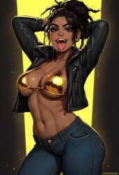 1girls abs ai_generated athletic_female big_ass brown_skin cleavage cyberpunk_2077 dark_hair female female_only fully_clothed gold_bikini human jacket jeans leather_jacket looking_at_viewer no_visible_genitalia panam_palmer sloptaingoon smile solo tight_jeans toned_female tongue tongue_out