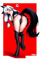 ai_generated bending_over blush choker cookie-girl crop_top digitigrade equine_pussy eve_(oc) fox_ears from_behind from_behind_position heart_symbol hooves horse_tail long_hair original_character presenting_hindquarters presenting_pussy pussy_juice_drip red_eyes simple_background skirt upskirt white_hair