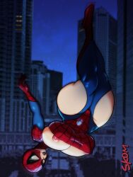 1girls big_breasts bodysuit city cleavage exposed_breasts exposed_thighs huge_thighs marvel marvel_comics night nipples red_lipstick skom_(artist) solo spider-man_(series) spider_girl thick_thighs