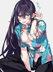 1girls big_breasts black_eyes blue_eyes blush earrings embarrassed hair_ornament heterochromia hong_lu limbus_company long_hair looking_at_viewer open_clothes open_mouth partially_clothed presenting project_moon rule_63 shikki46 sitting solo sweat tattoo