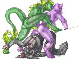 anal anal_sex animal_genitalia anthro anthro_on_anthro ass backsack balls black_fur claws closed_eyes cum cum_in_ass cum_inside cum_on_face cum_on_self cumshot dragon ejaculation erection feline from_behind_position fur green_eyes group group_sex hybrid interspecies lion male mammal muscular open_mouth orgasm panther pawpads paws penetration penis procyonid raccoon rear_view sex sheath simple_background sinistervibe slit_pupils spots spotted_fur standing stripes tail_tuft threesome toe_claws traditional_media_(artwork) tuft upside-down white_background yaoi