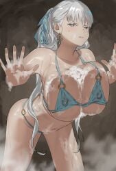 big_ass big_breasts bikini breasts breasts_against_glass female jinhsi_(wuthering_waves) miyou pov_eye_contact shower soap solo solo_female tits_out white_eyes white_hair wuthering_waves