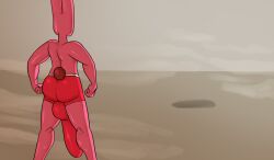 anthro ass balls big_penis bottomwear clothing genitals hi_res jovi_cap jovi_cap_(oc) lagomorph leporid male mammal penis pink_body rabbit shorts simple_background solo