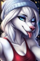 ai_generated beanie blue_eyes female sarah_snowpaw sticking_out_tongue white_hair wink wolf