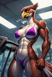 abs ai_generated anthro athletic athletic_anthro athletic_female avian beak bikini bird bodily_fluids breasts clothing exercise falcon falconid feathers female gym navel nipple_outline solo sweat sweating_profusely swimwear tail_feathers workout