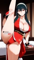 ai_generated bare_shoulders bed bedroom big_breasts boosterred99 cosplay earrings female greesgreen_hair hair hairband indoors king_of_fighters large_breasts mai_shiranui pony_diffusion_xl red_eyes split spy_x_family standing yor_briar yor_forger