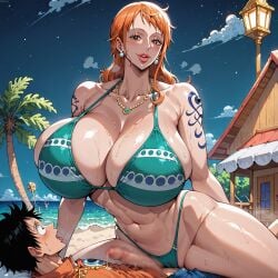 1boy1girl ai_generated ailurid big_breasts big_mac(artist) bikini black_hair blush curvy curvy_body curvy_female enormous_breasts erection female full_lips huge_breasts huge_lips huge_thighs large_penis lips male milf monkey_d_luffy nami on_top one_piece orange_hair straw_hat thick_thighs