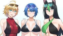 3girls azuran0 big_breasts bikini breasts female female_only genderswap_(mtf) genshin_impact multiple_girls rule_63 swimsuit thoma_(genshin_impact) tighnari_(genshin_impact) upper_body voluptuous xingqiu_(genshin_impact)