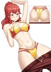 1girls alternate_costume anna_(fire_emblem) anna_(fire_emblem_awakening) ass bikini breasts cleavage female female_only fire_emblem fire_emblem_awakening large_ass large_breasts nintendo official_alternate_costume ponytail red_bikini red_eyes red_hair red_swimsuit saikunartworks swimsuit yellow_bikini yellow_swimsuit