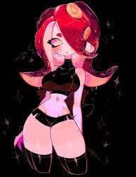 1girls arm_behind_back black_background blush large_breasts nintendo octoling one_eye_covered red_hair scar serious shorts splatoon sweat tentacle_hair thick_thighs thighhighs thighs usa37107692