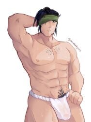 1boy bara black_hair body_hair brawl_stars facial_hair fundoshi green_eyes kenji_(brawl_stars) male male_focus male_only male_underwear nipples solo_male supercell underwear wet wet_clothes wet_underwear