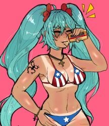 alternate_version_available armpits asian_latina beer bikini blue_hair closed_eyes cross_necklace drinking flag_bikini flower_in_hair flowers flowers_in_hair hand_on_hip hatsune_miku holding_can latin_american_hatsune_miku_(meme) medalla_(beer) medium_breasts necklace puerto_rican puerto_rican_flag puerto_rican_miku rosellia00 suggestive suggestive_fluid suspicious_looking_liquid tan_body tanline tattoo tongue_out twintails vocaloid wristwear