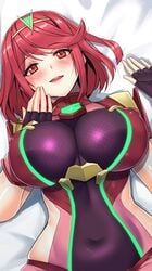 1girls angelo_(gomahangetsu) bed big_breasts blush breasts erect_nipples erection_under_clothes female female_only fingerless_gloves gloves huge_breasts looking_at_viewer nintendo pyra red_eyes red_hair rotated short_hair solo tiara whooosaku xenoblade_(series) xenoblade_chronicles_2