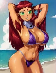 1female 1girls ai_generated alien alien_girl areola_slip armpit armpit_hair armpits arms_behind_back arms_up beach beach_background belly_button big_ass big_breasts bikini bimbo bimbo_body clothed clothing cloud clouds day daytime dc dc_comics female female_armpit_hair female_focus female_only green_eyes hairy hairy_armpits hairy_pussy heroine long_hair nipple_bulge orange_skin pubic_hair pubic_hair_peek purple_bikini purple_clothing raised_arm red_hair round_breasts sea skimpy skimpy_bikini skimpy_clothes skimpy_dress skimpy_outfit starfire superhero superheroine tan_body tan_skin tanned tanned_female tanned_skin teen_titans teen_titans_go unshaved_pussy