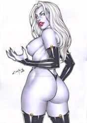 1girls 2024 artist_signature ass backboob big_ass black_gloves black_legwear butt carlos_braga coffin_comics deviantart deviantart_link female lady_death large_ass latex latex_gloves latex_legwear latex_thighhighs long_hair looking_at_viewer looking_back looking_back_at_viewer nipples pinup red_lipstick skulls solo tagme topless topless_female white_background white_hair