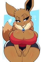 1girl 1girls 2024 2024s ai_generated anthro bedroom_eyes big_breasts blue_eyes blush bottomwear breasts brown_body brown_fur bulging_breasts canid cleavage cleavage_overflow clothed clothing curvy_figure digital_media_(artwork) eevee eeveelution eyelashes female female_focus female_only fur furry furry_female game_freak gen_1_pokemon generation_1_pokemon gym_clothing half-closed_eyes hands_on_legs hands_on_own_legs hands_on_own_thighs hands_on_thighs heart hellsonger hi_res holding_both_legs huge_breasts jewelry leaning_forward looking_at_viewer mammal narrowed_eyes necklace nintendo pokémon_(species) pokemon pokemon_(creature) pokemon_(franchise) pokemon_(game) pokemon_(species) pokemon_rgby seductive shirt shorts simple_background smile solo squish sweat sweatdrop tail thick_thighs thighs topwear voluptuous wide_hips