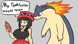 1girls 2024_pokemon_teraleak big_breasts black_hair delta_(desiredelta) desiredelta dialogue english english_text female female_focus full_body grey_background hat light_skin mary_(desiredelta) original pokemon sweat typhlosion