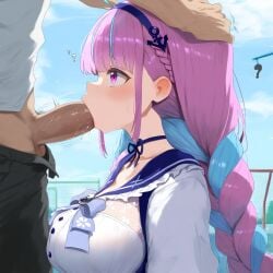 ai_generated ameanon blowjob blue_hair faceless_male fellatio hand_on_head hands_on_another's_head hololive minato_aqua penis pink_eyes pink_hair two-tone_hair virtual_youtuber vtuber