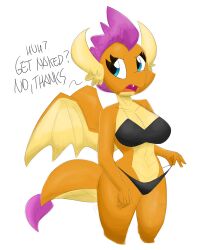 anthro bikini blue_eyes breasts cleavage clothing dragon fangs female flutterthrash friendship_is_magic hasbro my_little_pony mythological_creature mythological_scalie mythology non-mammal_breasts open_mouth orange_body orange_skin purple_hair scalie smolder_(mlp) solo