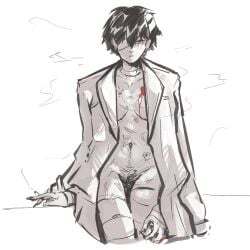 bandage_on_face bandage_over_one_eye blank_eyes blank_stare blood blood_drip blood_dripping blood_stain bungo_stray_dogs bungou_stray_dogs chest_wound cigarette cigarette_holder cigarette_smoke coat coat_on_shoulders coat_only coat_open cuntboy cuntboy_only cuntboy_with_breasts dark_eyes dark_hair dazai_osamu holding_cigarette holding_object intersex jacket jacket_on_shoulders jacket_open naked no_sex nude nude_cuntboy nyabrine osamu_dazai partially_clothed partially_nude scar scarred scarred_body scars_all_over solo thin variant variant_set wound