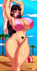 1girls arms_up bare_shoulders beach big_breasts bikini bikini_bottom bikini_top black_hair blue_eyes breasts breasts_bigger_than_head busty cleavage curvy day detailed_background ear_piercing earrings female female_only front_view g-string glasses hoop_earrings hourglass_figure huge_breasts human large_breasts lipstick long_hair looking_at_viewer makeup micro_bikini midriff nico_robin one_piece outdoor outside patreon piercing pink_lipstick pose posing raldu shiny shiny_skin skimpy solo standing string_bikini sunglasses sunglasses_on_head swimsuit tattoo thick_lips thong tree voluptuous wide_hips