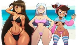 3girls aged_up andrea_davenport ass_visible_through_thighs beepsour big_breasts bikini braces breasts brown_hair cat_ear_headphones chillguydraws cleavage clothing collaboration collar cropped_jacket e-girl ear_piercing earrings female female_only freckles glasses goth goth_girl handprint hands_on_hips headphones jacket legwear libby_stein-torres molly_mcgee n-kosi n-kosi_(coloring) nerd nerdy_female nose_piercing panties pasties piercing png swimsuit the_ghost_and_molly_mcgee thighhighs white_hair