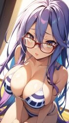 1girls aged_up ai_generated alternate_breast_size bare_shoulders big_breasts bikini blush bra breasts cleavage close-up eyes_open female female_only glasses huge_breasts kneehighs kneeling large_breasts navel no_game_no_life panties portrait sagging_breasts shiny_breasts shiny_clothes shiny_skin shiro_(no_game_no_life) shy sky4maleja solo swimsuit underwear upper_body