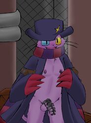 anthro balls blush chastity chastity_cage feline feline flashing fur greyr_(artist) heterochromia janga klonoa_(series) male mammal nipple_piercing nipples penis piercing precum purple_fur scarf solo