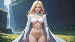 ai_generated blonde_hair blue_eyes bottomless bottomless_female curvy curvy_figure emma_frost female female_only hourglass_figure marvel marvel_comics pussy secsmurphyai shaved_pussy vagina white_queen x-men