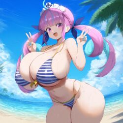 :d ai_generated ameanon beach big_breasts bikini blue_hair breasts breasts_bigger_than_head cleavage double_peace_sign hololive huge_breasts large_breasts minato_aqua peace_sign pink_hair sideboob striped_bikini thick_thighs twintails two_tone_hair underboob virtual_youtuber vtuber