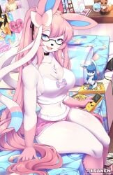 anthro belly belly_button bowtie breasts creatures_(company) eeveelution game_freak glasses hair nintendo pokemon pokemon_(species) pokemon_xy ribbon sylveon teranen