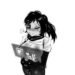 big_breast black_eye black_hair breast_pressed curvy_figure dialogue lime lime_(sol's_rng) roblox roblox_game romance shy sol's_rng sols_rng teasing