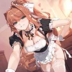 1girls ai_generated apron bangs blush bow breasts brown_hair choker cleavage clothing curvaceous curvaceous_female curvaceous_figure curvy curvy_figure doki_doki_literature_club dress enmaided female female_focus frilled_choker frills garter_straps green_eyes grin hair_intakes hair_ornament hair_ribbon hairbow hand_on_hip headdress headwear heart indoors inviting inviting_to_sex large_breasts leaning_forward legwear lingerie long_hair looking_at_viewer maid maid_apron maid_headdress monika_(doki_doki_literature_club) parted_lips ponytail presenting_breasts puffy_short_sleeves puffy_sleeves ribbon seductive seductive_look short_sleeves skirt smile solo stockings thighhighs thighs tied_hair uncensored underwear uniform very_long_hair voluptuous voluptuous_female waifulover waist_apron white_apron white_legwear white_ribbon white_thighhighs wrist_cuffs