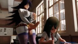 1futa 1girls 3d black_hair blender breast_grab brunobwh classroom clothed erection female functionally_nude futa_on_female futanari green_hair indecent_exposure large_breasts large_penis large_testicles masturbation midnight_(my_hero_academia) my_hero_academia oblivious penis_out self_upload student teacher teacher_and_student tsuyu_asui unaware unprofessional_behavior