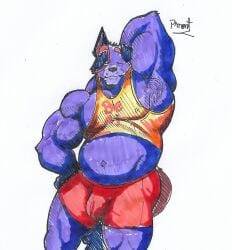 anthro armpit_hair australian_cattle_dog belly biceps bluey_(series) body_hair bottomwear bulge canid canine canis cattledog clothed clothing domestic_dog fur herding_dog hi_res male male_focus male_only mammal musclebear muscular muscular_anthro muscular_male nipples partially_clothed pastoral_dog pecs pinumontbalou purple_body purple_fur raised_arm shirt solo stripe_heeler tail tight_bottomwear tight_clothing tight_shirt tight_topwear topwear underwear