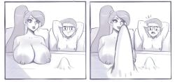 edemevas edit edited erection four_panels futa_is_bigger futanari glasses hoop_earrings huge_breasts huge_cock larger_futanari makeup male meme size_comparison