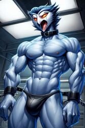 abs ai_generated anthro athletic athletic_anthro athletic_male avian beak biceps bird bound clothing collar cuff_(restraint) demon growth helluva_boss laboratory male muscle_growth muscular owl panties pecs restraints screaming solo stolas_(helluva_boss) test_subject thong underwear